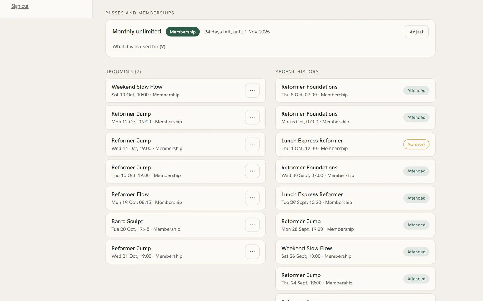 A client's membership and what it was used for, with her upcoming bookings and recent history side by side