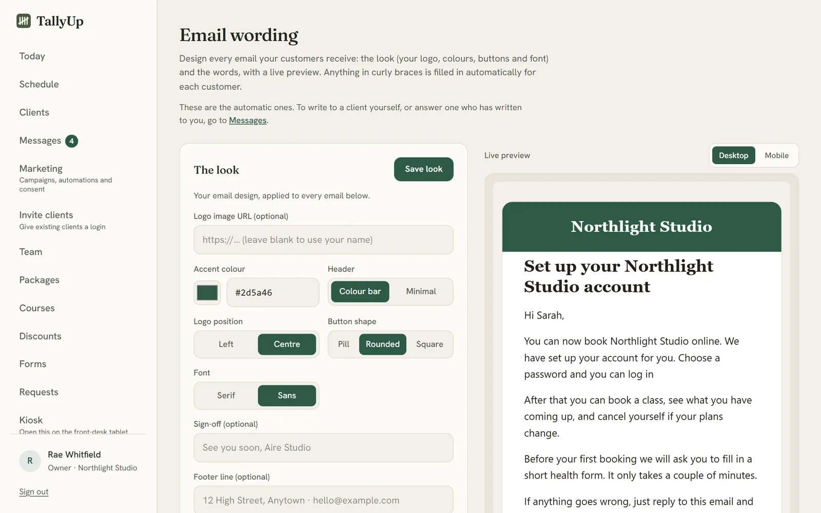 Email wording: the colour, logo position, button shape and font of every email, with a live preview of the email a new client receives