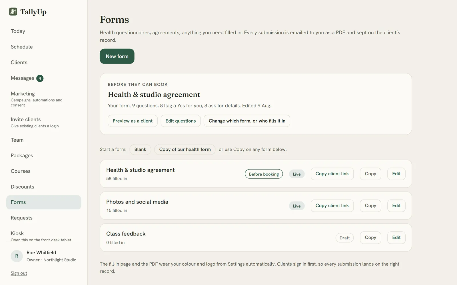 Forms: the health and studio agreement clients fill in before they can book, a photos and social media form, and a draft class feedback form