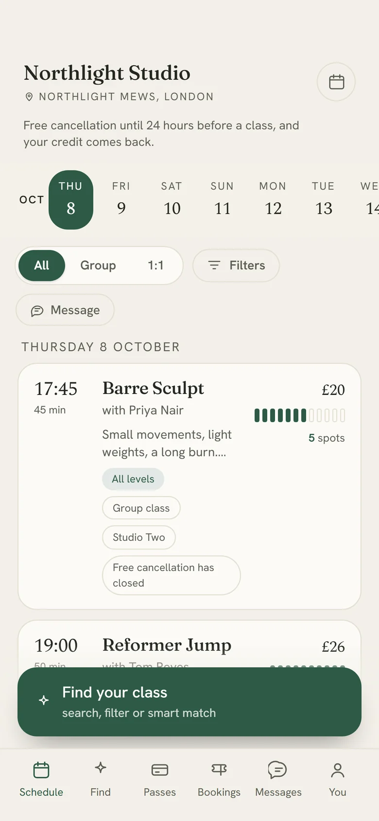 A studio's booking page on a phone: the week's dates, then each class with its time, teacher, price and spaces left