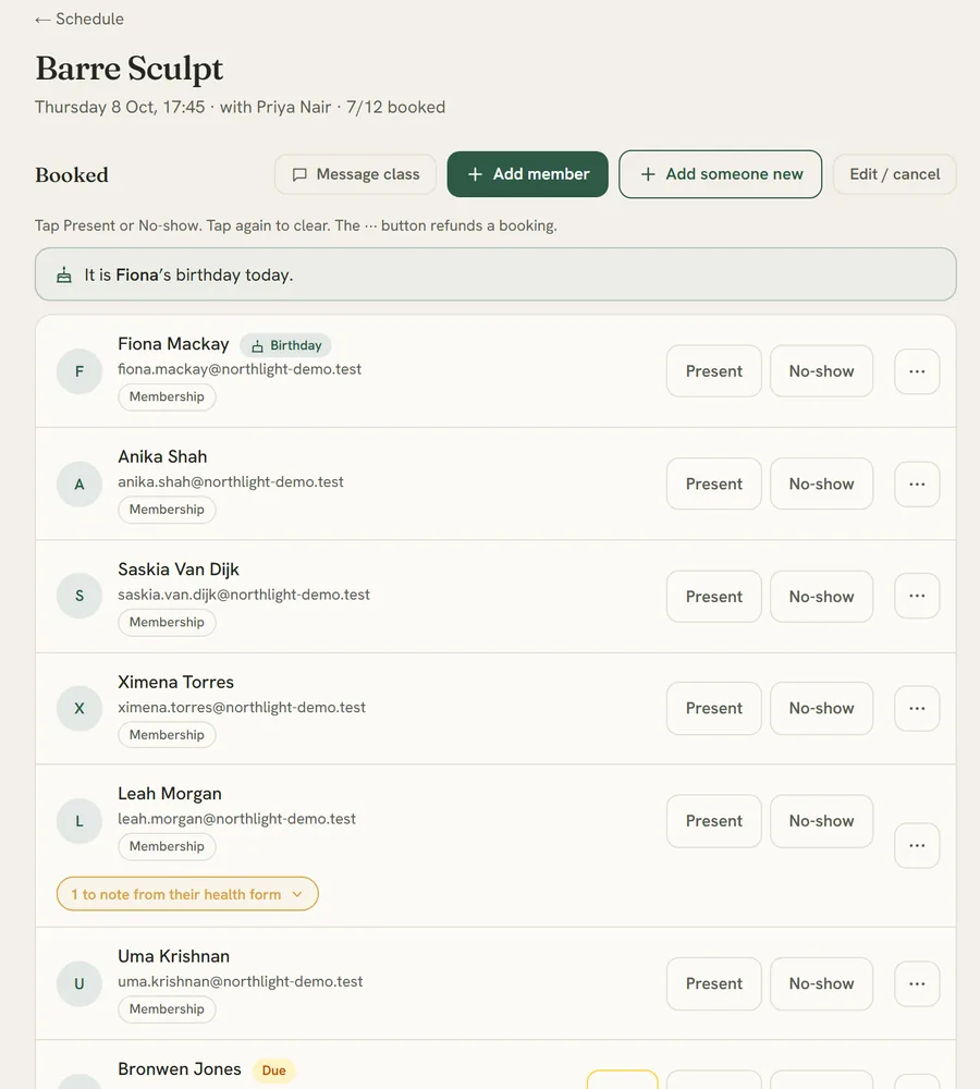 A class list: who is booked, a birthday, a note from a health form, a payment still due, and present or no-show buttons for each person